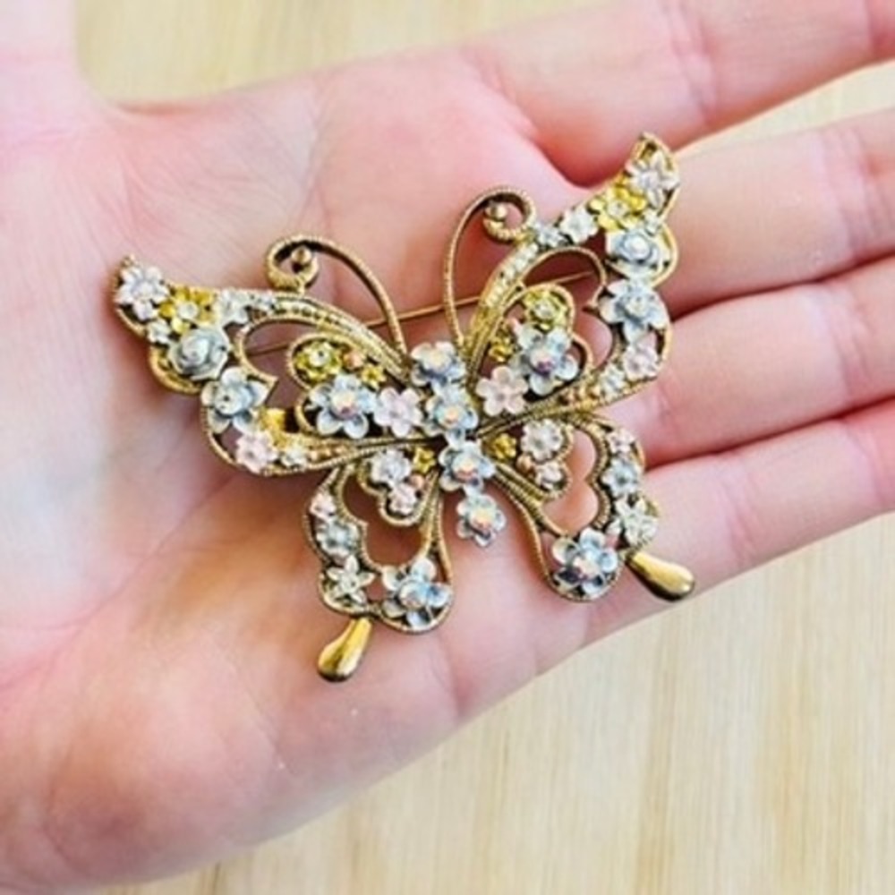 VTG Wien Butterfly Brooch Hair Barrette Austria Crystal Rhinestone Pink Large